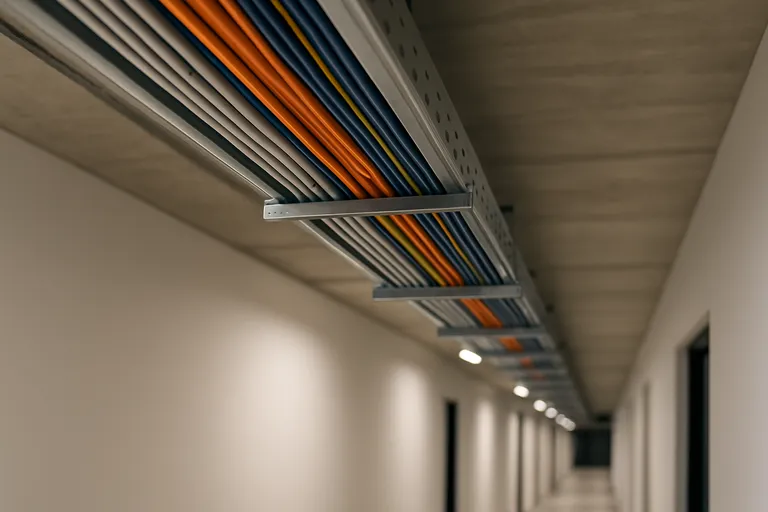 Bandeja de techo con cables ordenados de colores en el pasillo de un edificio moderno.