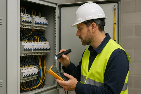 Técnico inspeccionando cuadro eléctrico en instalación industrial como parte de una auditoria eléctrica.