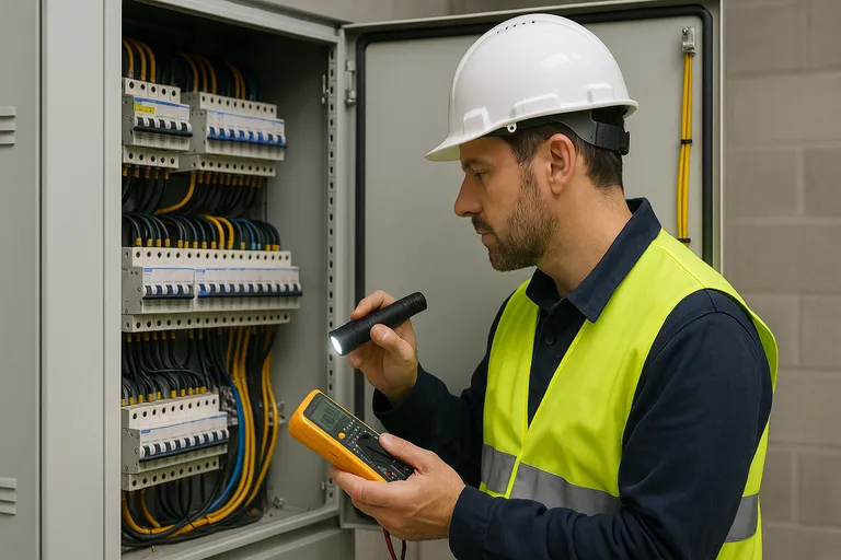 Técnico inspeccionando cuadro eléctrico en instalación industrial como parte de una auditoria eléctrica.