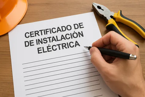 Persona rellenando certificado de instalación eléctrica junto a casco y alicates sobre mesa