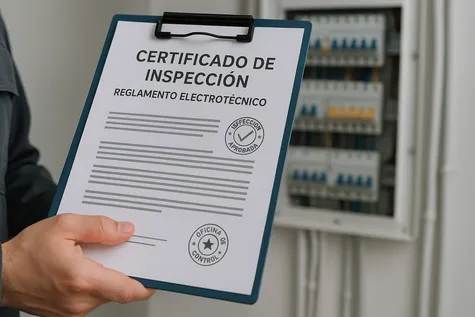 Mano sosteniendo un certificado de inspección eléctrica, simbolizando normativa y cumplimiento.