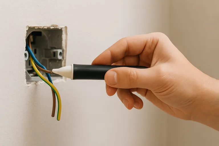 Mano con un detector de voltaje sin contacto revisando cables de un enchufe, con luz apagada.