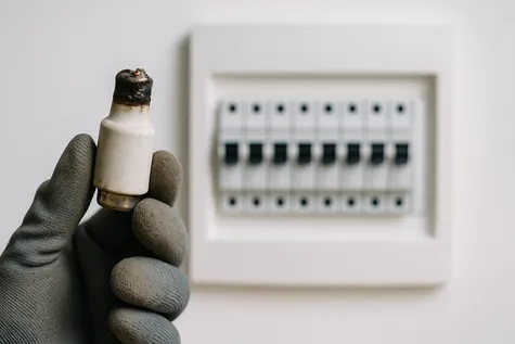 Mano con guante sosteniendo un fusible cerámico quemado frente a un cuadro eléctrico moderno.