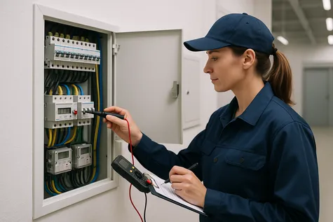 Inspector electricista con portapapeles y multímetro revisando un cuadro eléctrico comunitario.