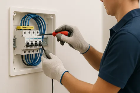 Instalador con guantes conectando un cable a un interruptor en un cuadro eléctrico moderno.
