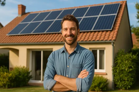 Hombre sonriendo frente a casa con paneles solares instalados en el tejado.
