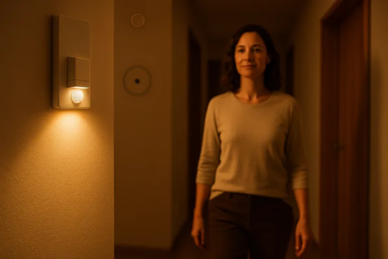 Mujer caminando activando un aplique con sensor de movimiento que ilumina el pasillo.