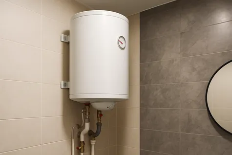 Termo eléctrico cilíndrico blanco fijado a una pared de azulejos beige y gris; se aprecia el manómetro frontal y las tuberías aisladas conectadas en la parte inferior.