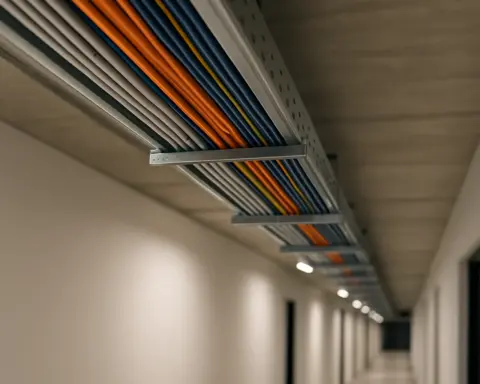 Bandeja de techo con cables ordenados de colores en el pasillo de un edificio moderno.
