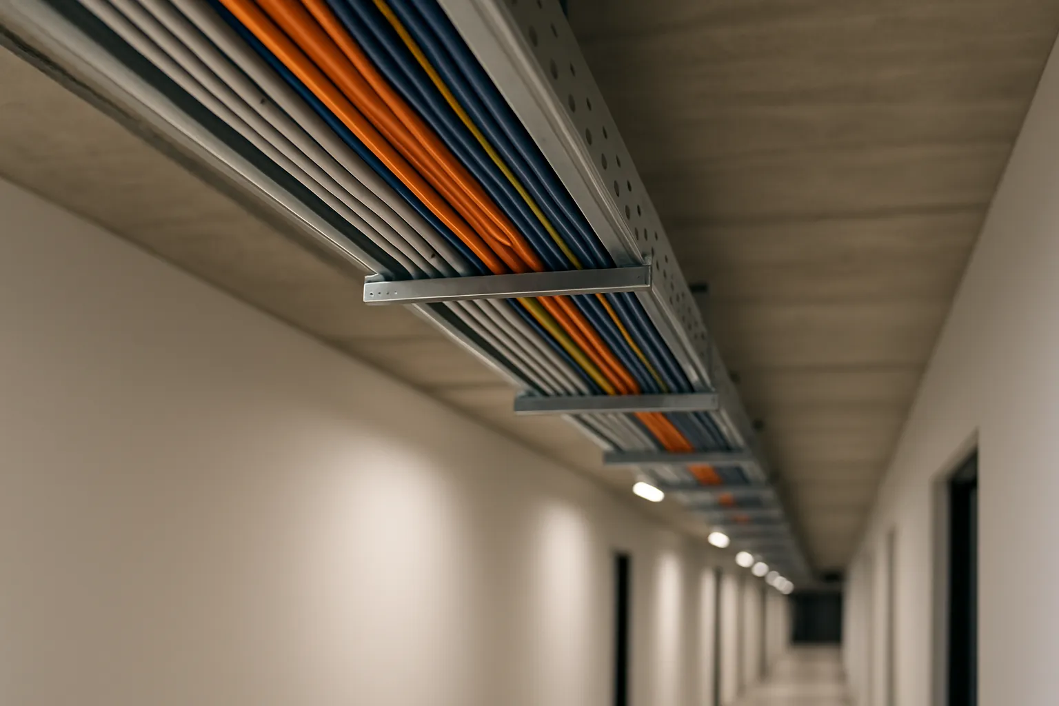Bandeja de techo con cables ordenados de colores en el pasillo de un edificio moderno.