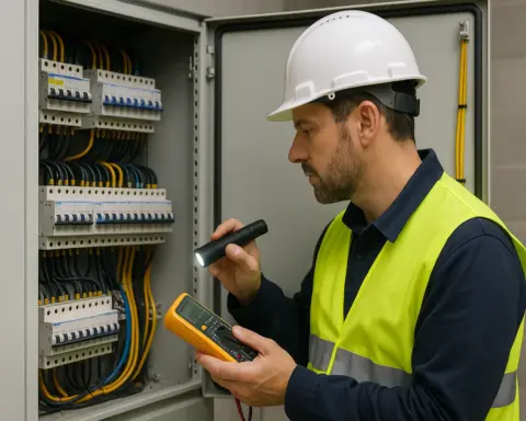 Técnico inspeccionando cuadro eléctrico en instalación industrial como parte de una auditoria eléctrica.