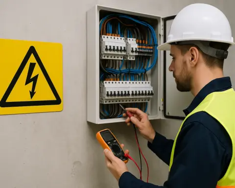 Técnico revisando panel de baja tensión con multímetro junto a señal de advertencia eléctrica.