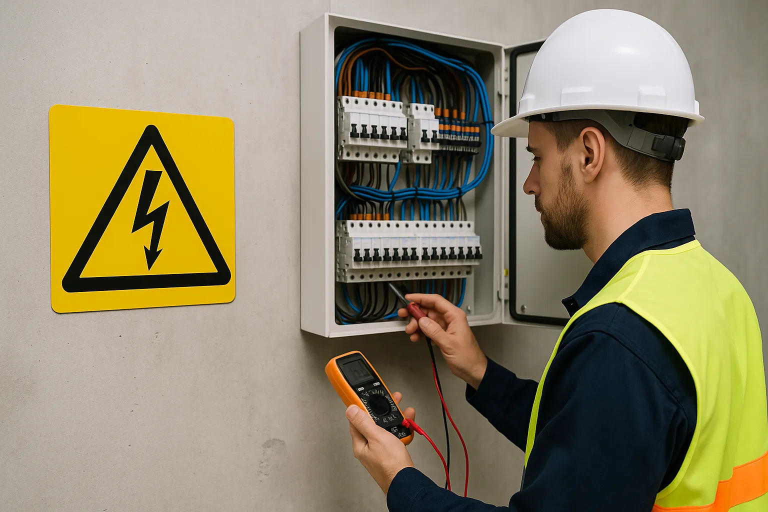 Técnico revisando panel de baja tensión con multímetro junto a señal de advertencia eléctrica.