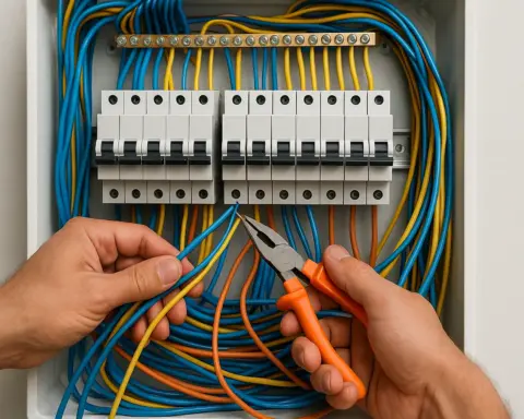 Manos de técnico trabajando con cables eléctricos en un cuadro de instalación