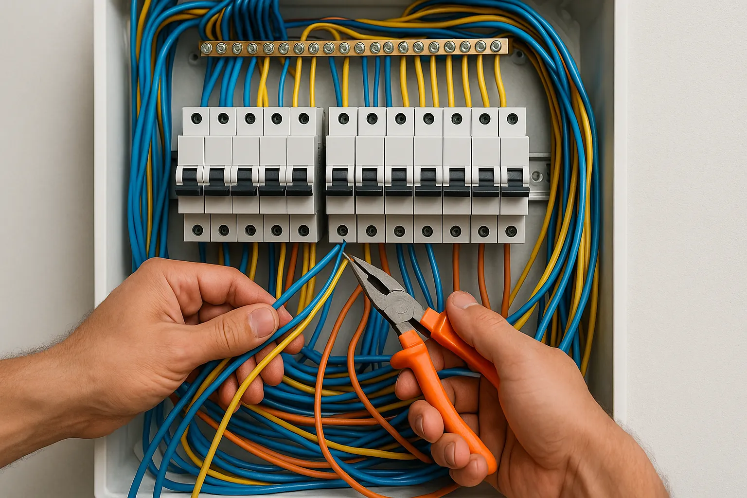 Manos de técnico trabajando con cables eléctricos en un cuadro de instalación