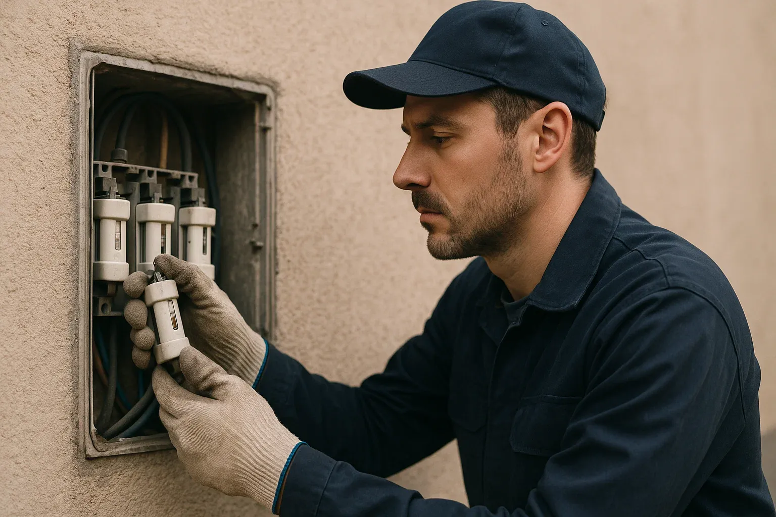 Técnico cualificado trabajando en una Caja General de Protección abierta en la fachada de un edificio, simbolizando la seguridad y el mantenimiento de la instalación eléctrica.