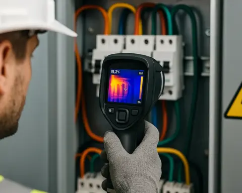 Técnico usando cámara termográfica para detectar puntos calientes en panel eléctrico