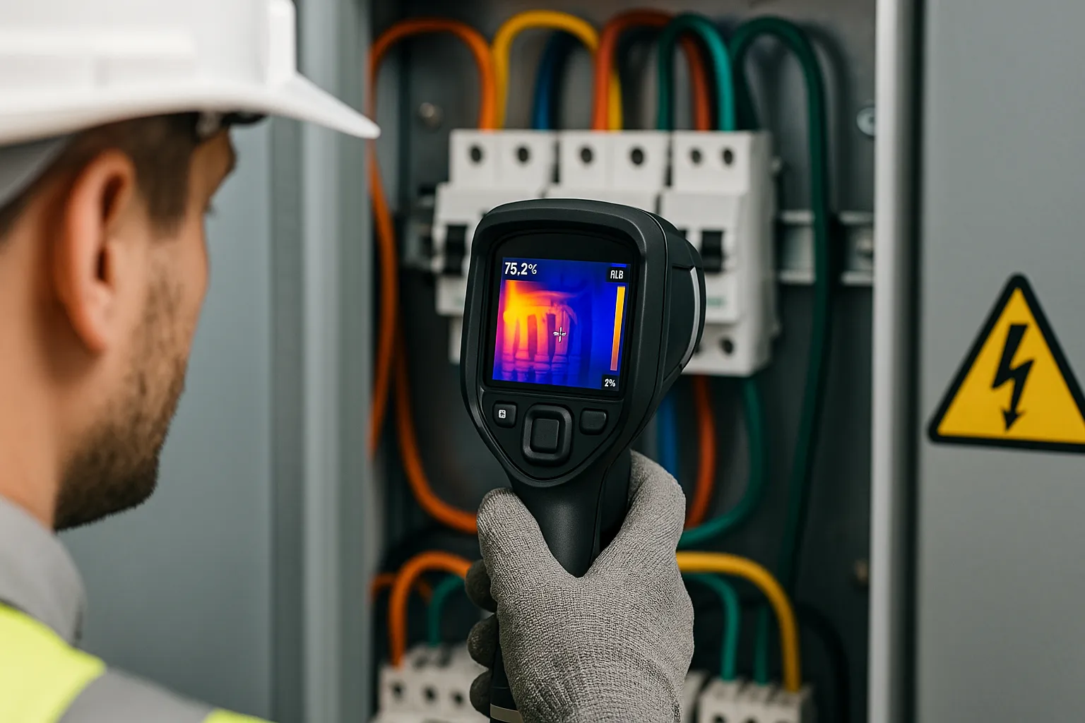 Técnico usando cámara termográfica para detectar puntos calientes en panel eléctrico