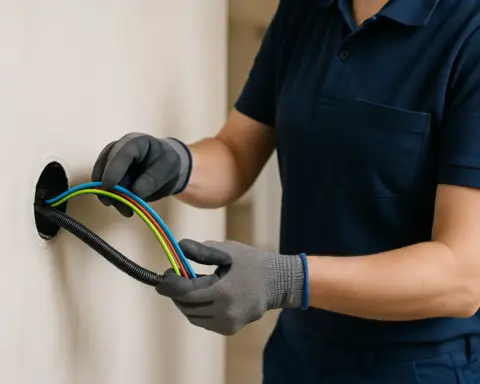 Electricista pasando cables nuevos de colores por un tubo corrugado en pared limpia.