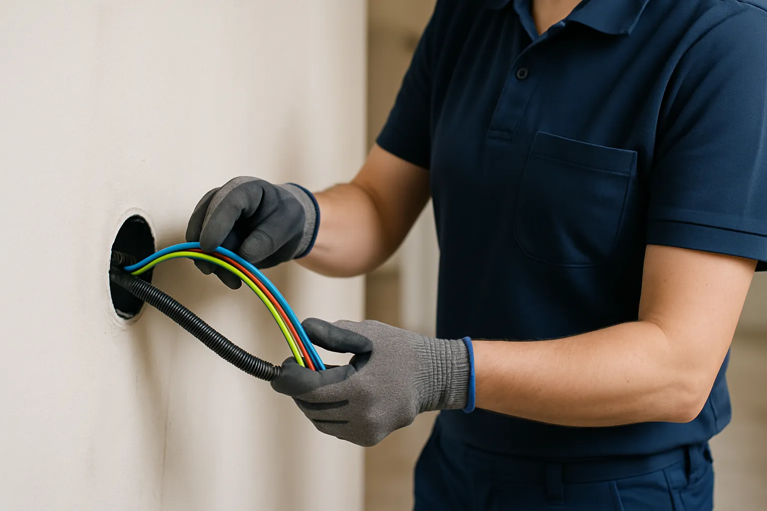 Electricista pasando cables nuevos de colores por un tubo corrugado en pared limpia.