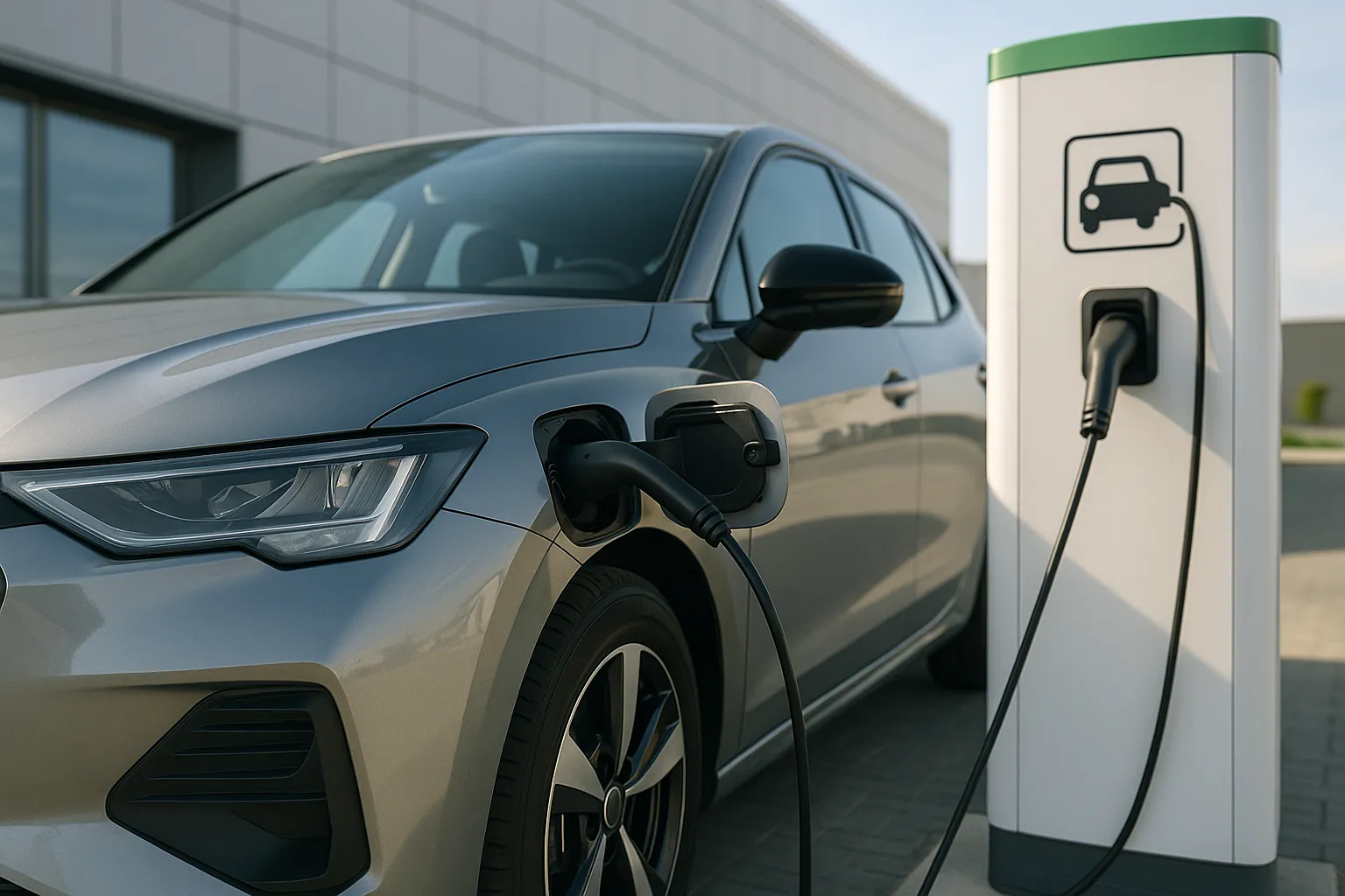 Coche eléctrico cargando en estación de carga frente a edificio moderno