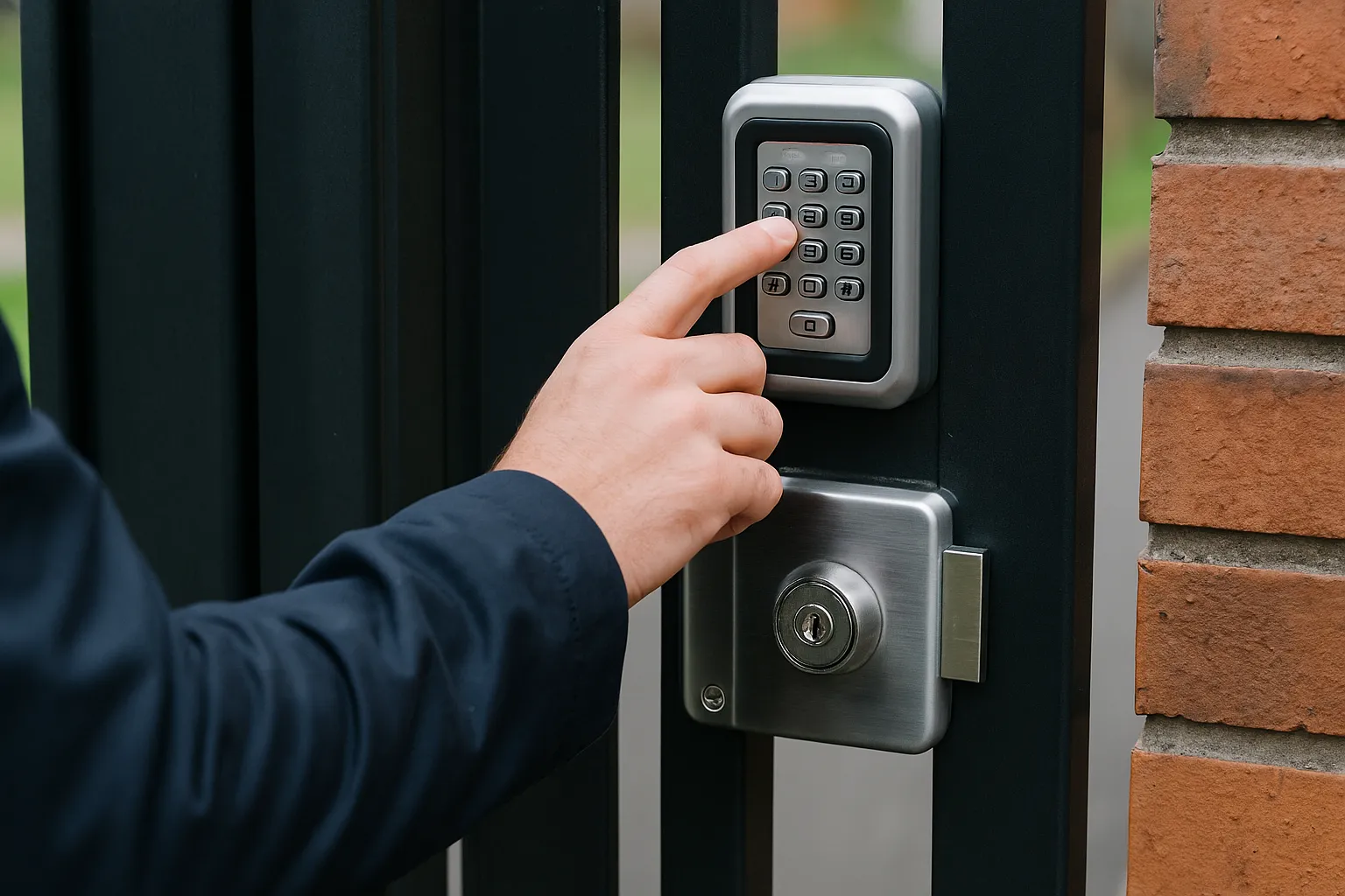 Persona introduciendo código en cerradura eléctrica instalada en portón exterior