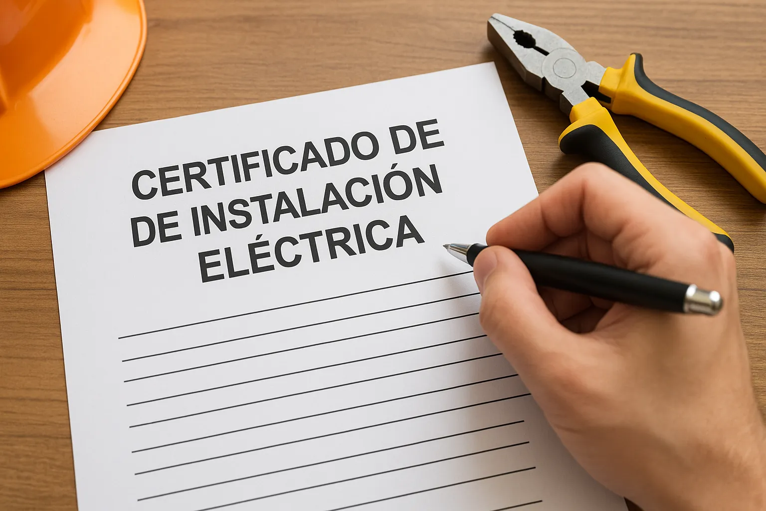 Persona rellenando certificado de instalación eléctrica junto a casco y alicates sobre mesa