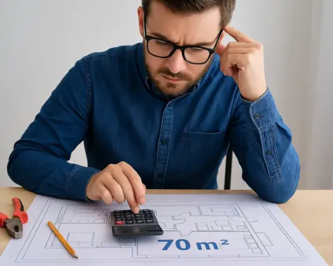 Hombre revisando plano eléctrico de vivienda de 70 m² con calculadora y alicate sobre mesa.