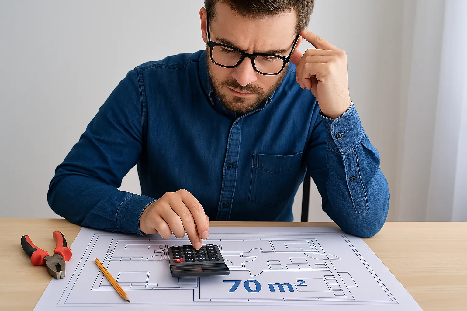 Hombre revisando plano eléctrico de vivienda de 70 m² con calculadora y alicate sobre mesa.