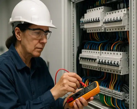Técnico electricista con casco revisando un cuadro eléctrico abierto con un multímetro.