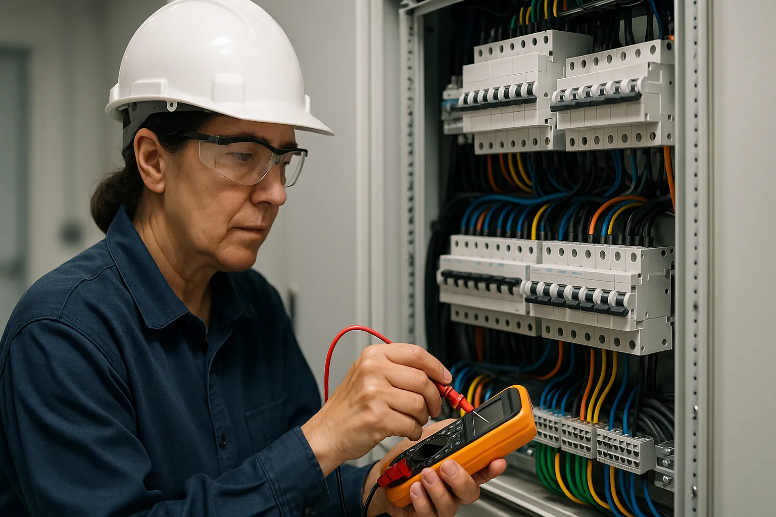 Técnico electricista con casco revisando un cuadro eléctrico abierto con un multímetro.