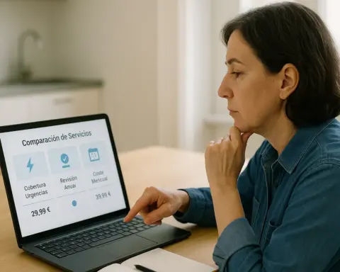 Persona comparando servicios de mantenimiento eléctrico en un portátil en casa.