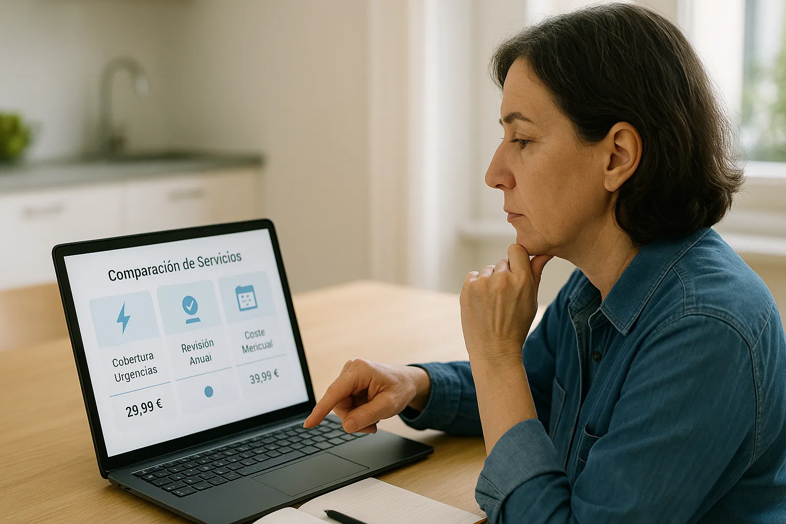 Persona comparando servicios de mantenimiento eléctrico en un portátil en casa.