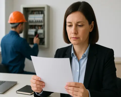 Persona repasa contrato de mantenimiento mientras el técnico revisa el cuadro eléctrico.