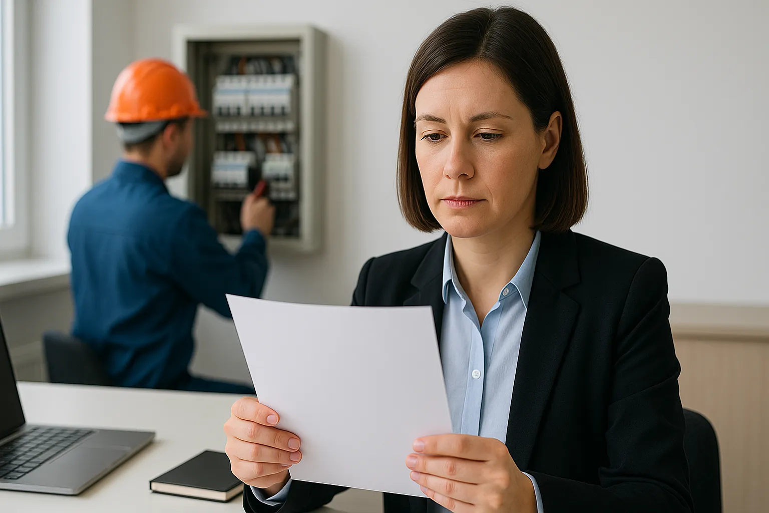 Persona repasa contrato de mantenimiento mientras el técnico revisa el cuadro eléctrico.