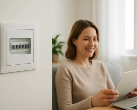 Persona relajada en un espacio seguro con un cuadro eléctrico bien mantenido.