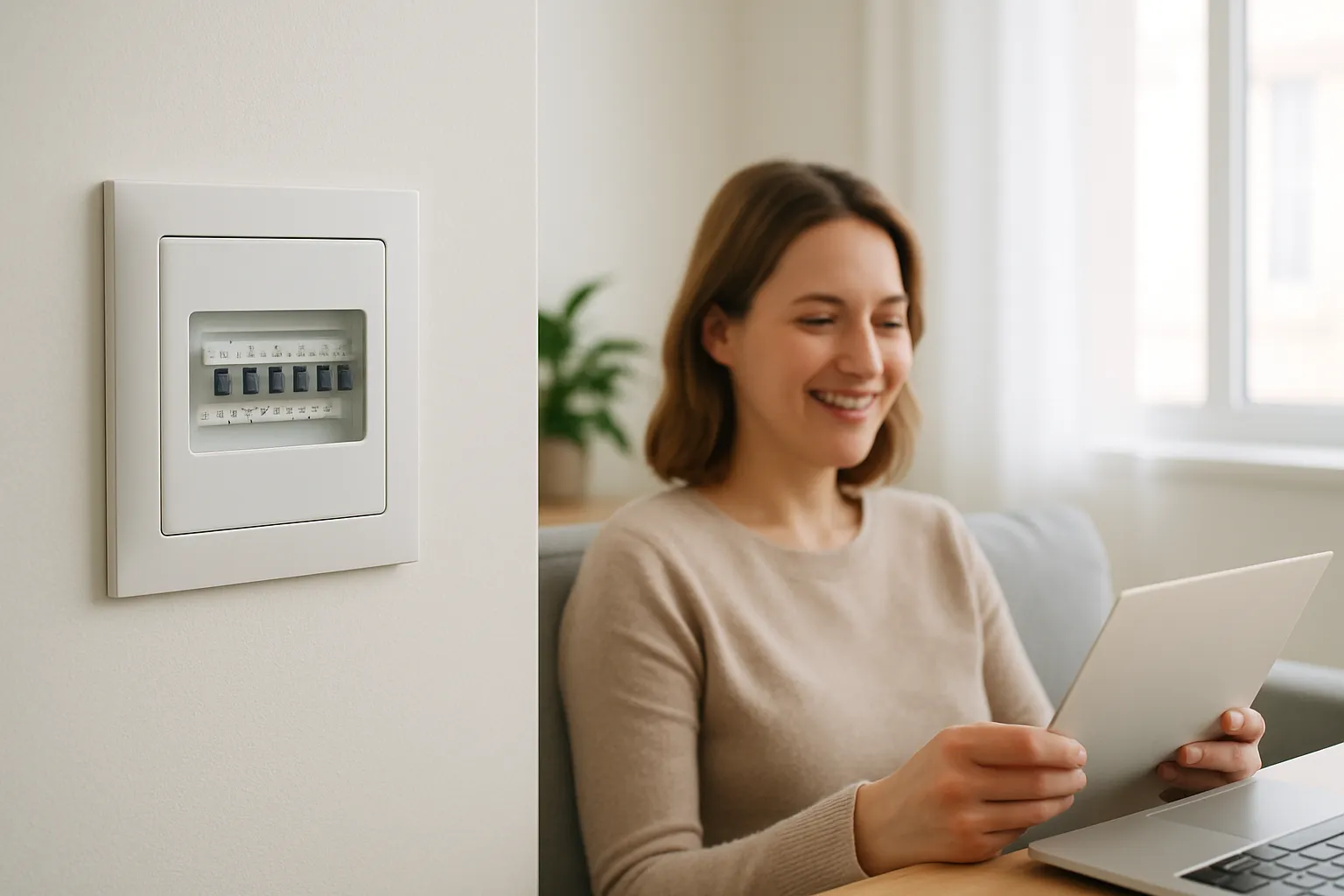 Persona relajada en un espacio seguro con un cuadro eléctrico bien mantenido.