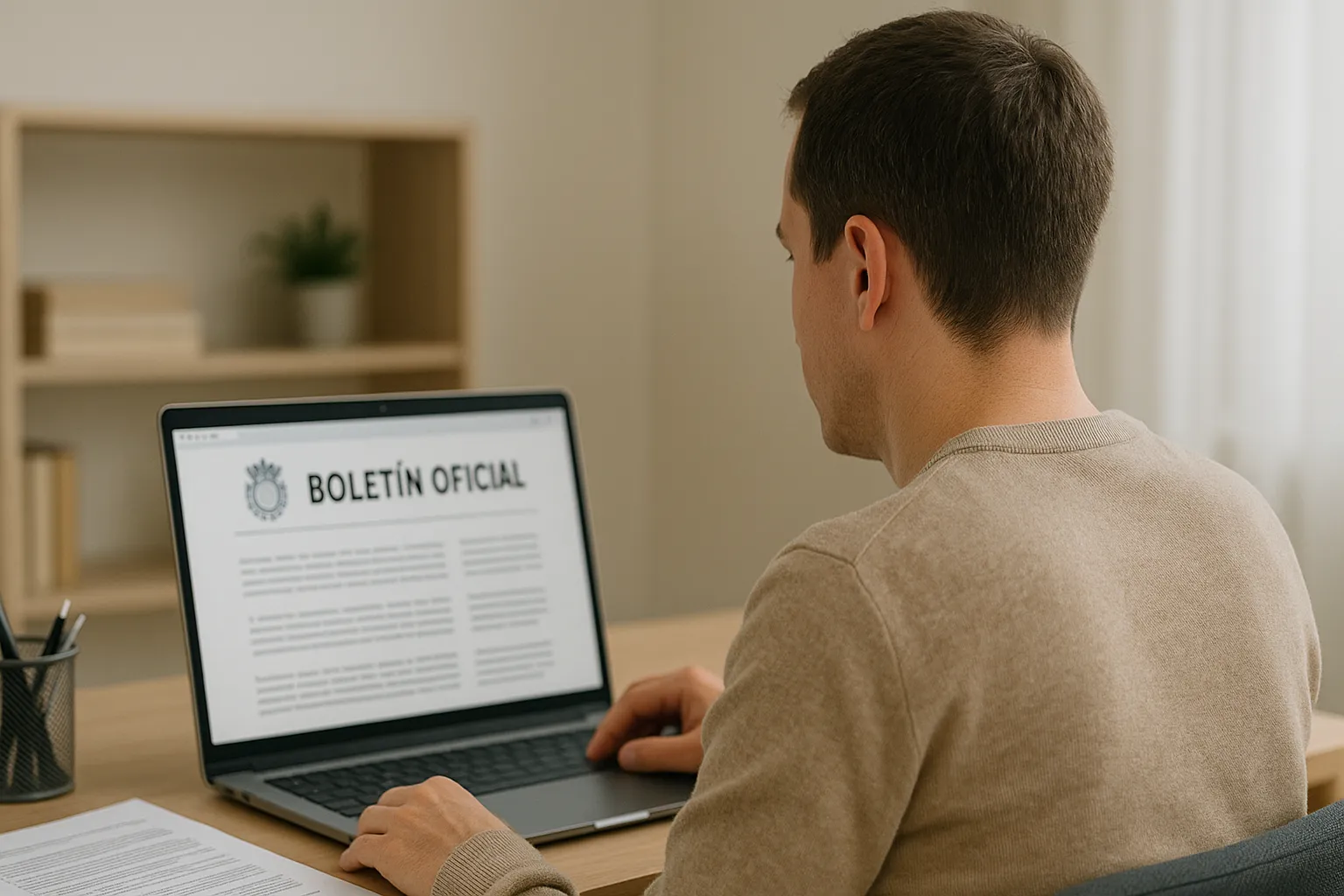 Persona consulta un boletín oficial en busca de subvenciones para el mantenimiento eléctrico.