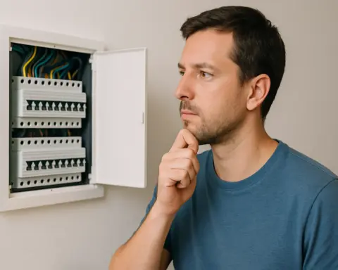 Un hombre pensativo junto a su cuadro eléctrico