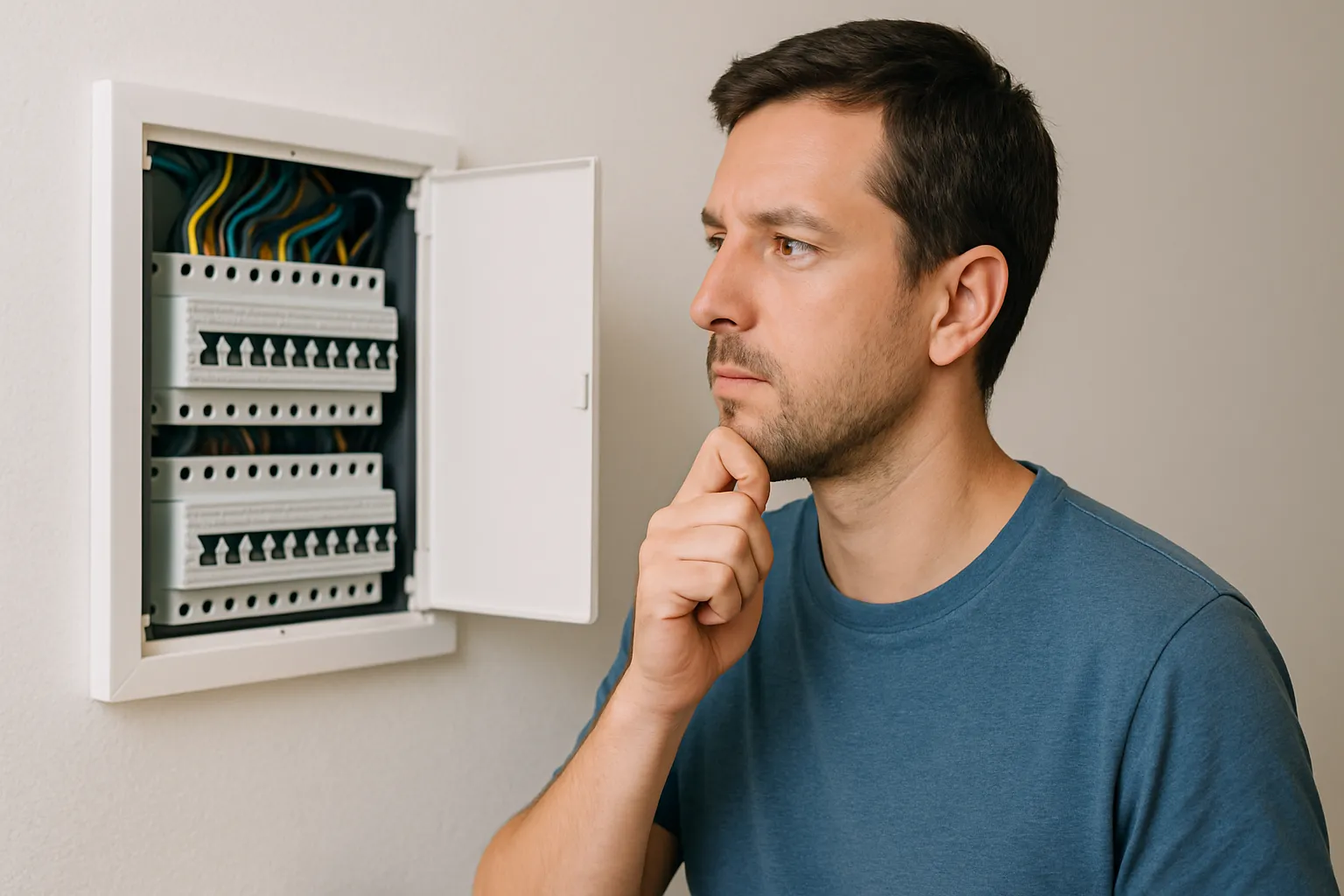 Un hombre pensativo junto a su cuadro eléctrico