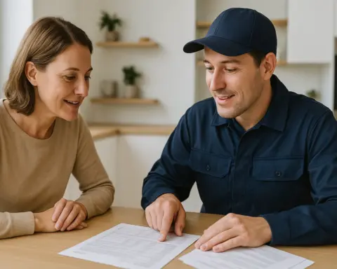 Técnico y cliente revisando presupuesto de mantenimiento eléctrico en una conversación amistosa.