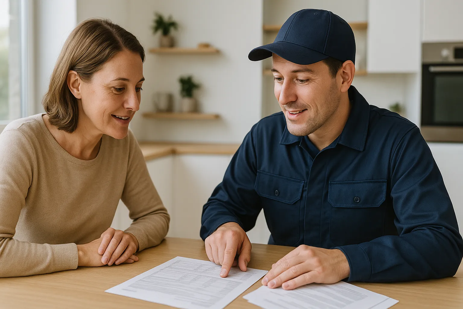 Técnico y cliente revisando presupuesto de mantenimiento eléctrico en una conversación amistosa.