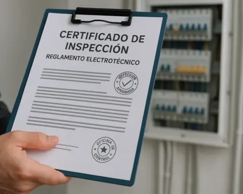 Mano sosteniendo un certificado de inspección eléctrica, simbolizando normativa y cumplimiento.