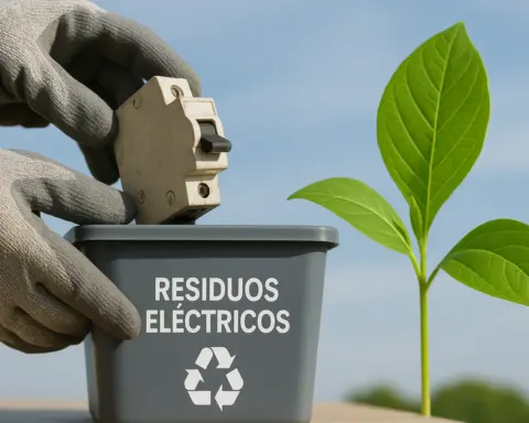 Mano reciclando un componente eléctrico, con un símbolo de naturaleza al fondo