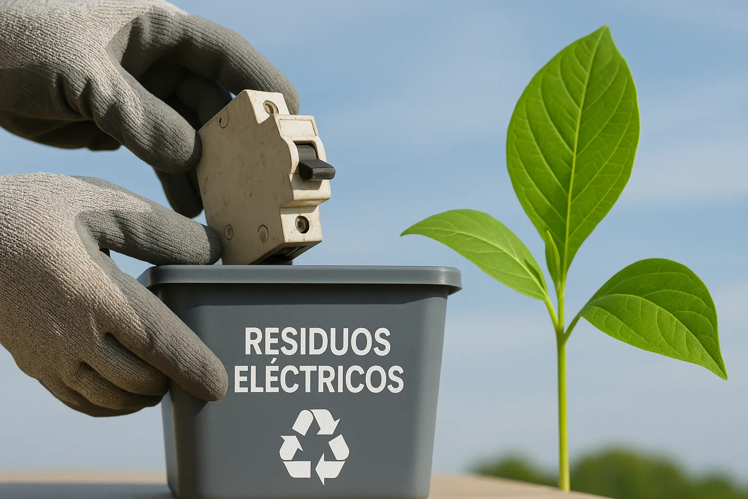 Mano reciclando un componente eléctrico, con un símbolo de naturaleza al fondo