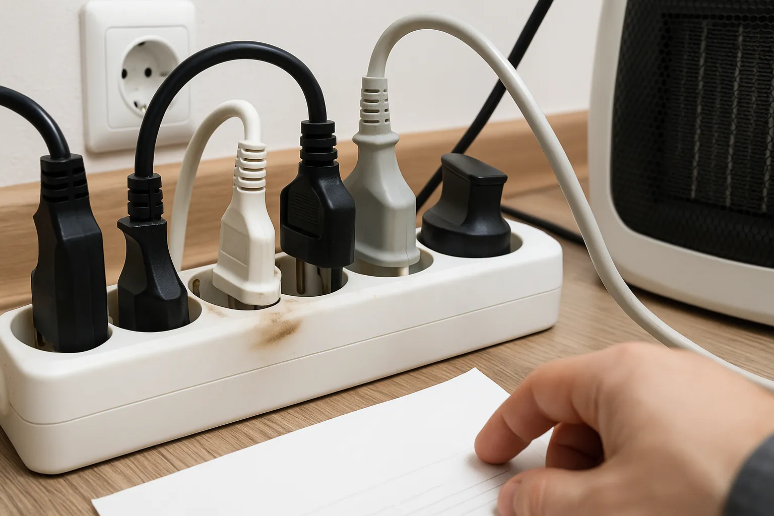 Regleta eléctrica sobrecargada con múltiples enchufes, ilustrando un error común.