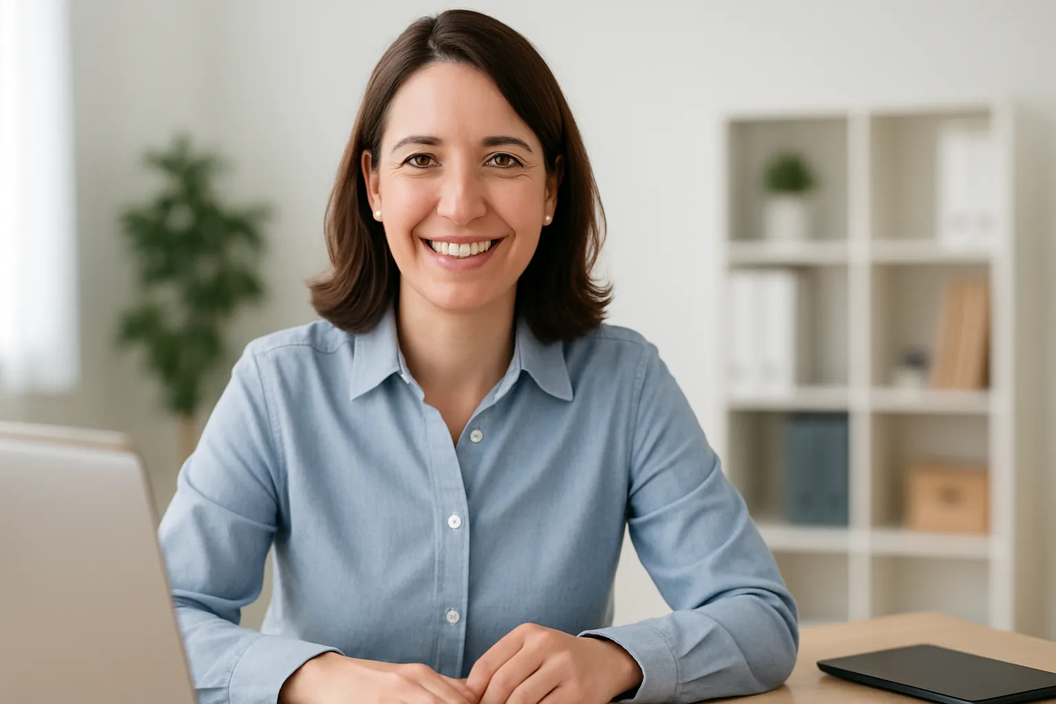 Experta sonriente lista para consultas de mantenimiento eléctrico.