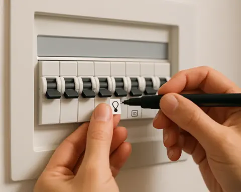 Mano etiquetando interruptores automáticos con iconos en un cuadro eléctrico moderno.