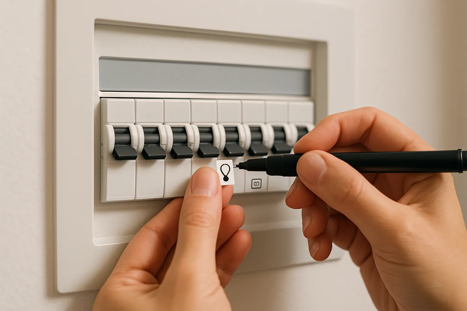 Mano etiquetando interruptores automáticos con iconos en un cuadro eléctrico moderno.