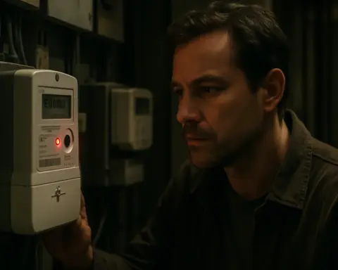 Hombre examinando su contador eléctrico digital en un cuarto de contadores, simbolizando la comprensión y el control del consumo de luz.
